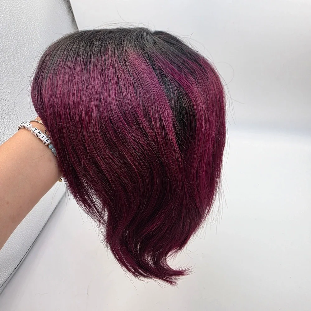 100% Human Hair Ombre Magenta Purple Bob Wig Dark Roots Layered Short Style